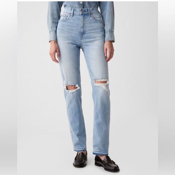 Gap Jeans Womens 10 R Cheeky Straight High Rise Light Wash Distressed Raw Hem - Picture 2 of 14